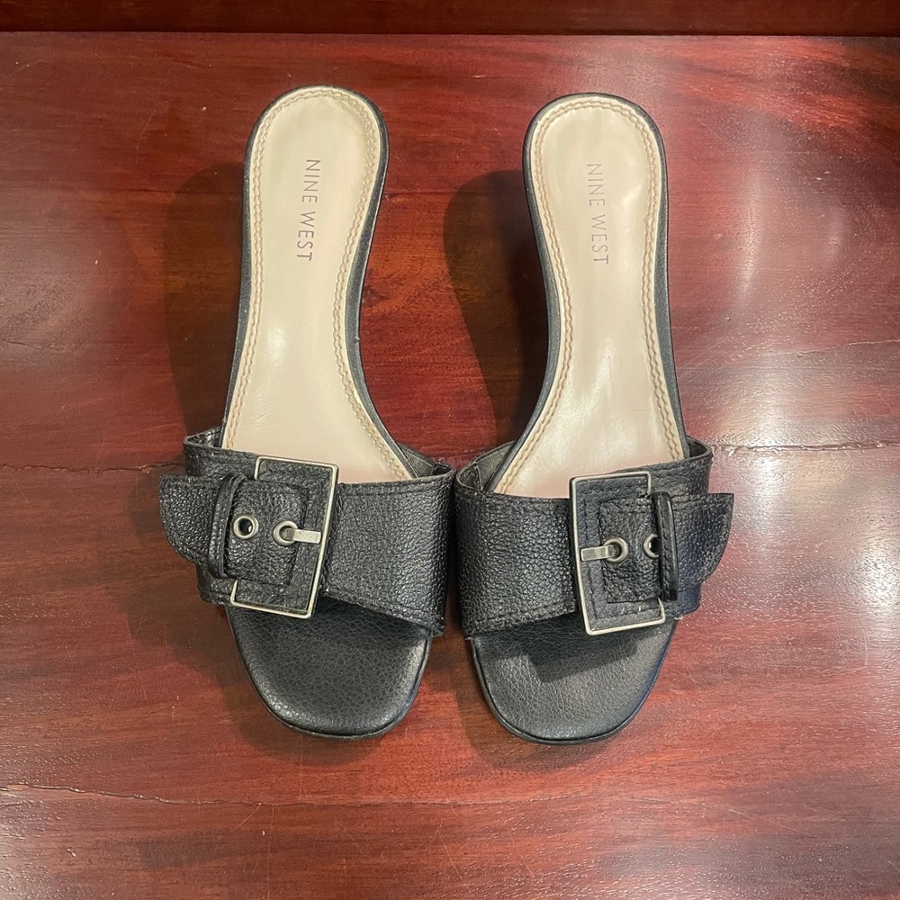 Black Leather Nine West Mules with Buckles 6.5